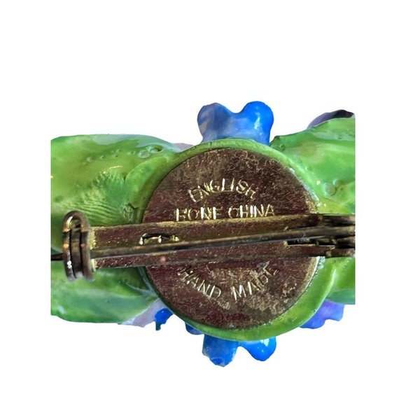 Hand Made English Bone China 1.75" Flower Brooch Pin Green Pink Purple - Picture 5 of 6